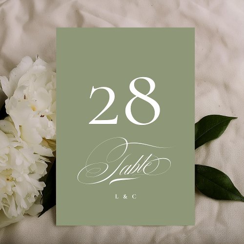 Sage on White Elegant Calligraphy Wedding Table Number