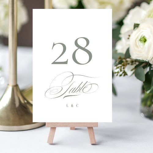 Sage on White Elegant Calligraphy Wedding Table Number