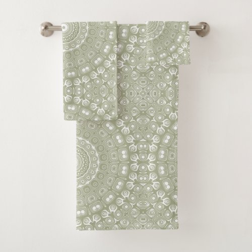 Sage on White Mandala Kaleidoscope Medallion Bath Towel Set