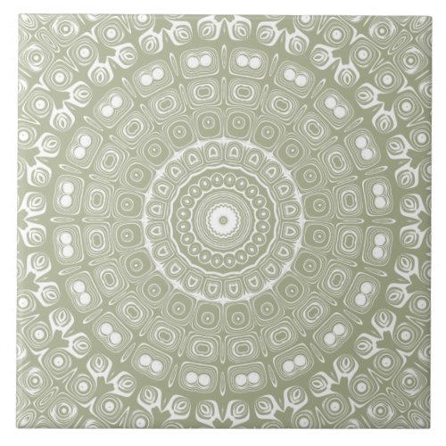 Sage on White Mandala Kaleidoscope Medallion Ceramic Tile