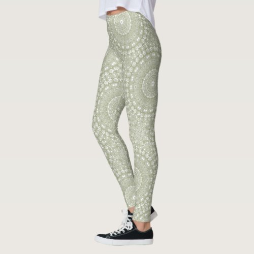 Sage on White Mandala Kaleidoscope Medallion Leggings