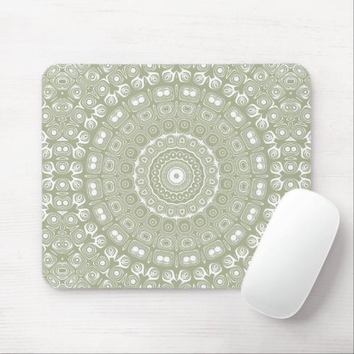 Sage on White Mandala Kaleidoscope Medallion Mouse Pad