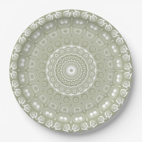 Sage on White Mandala Kaleidoscope Medallion Paper Plates