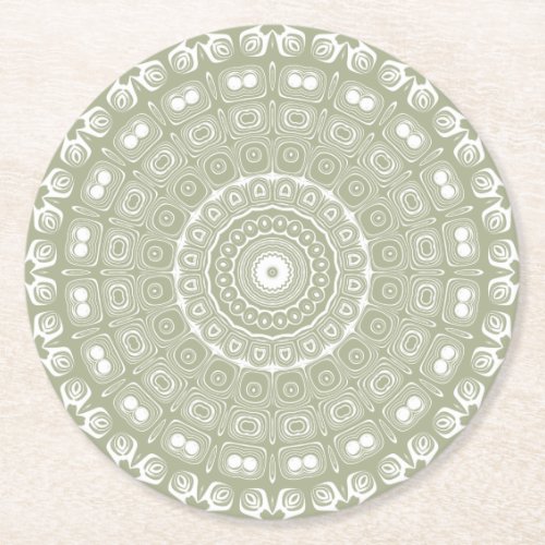 Sage on White Mandala Kaleidoscope Medallion Round Paper Coaster