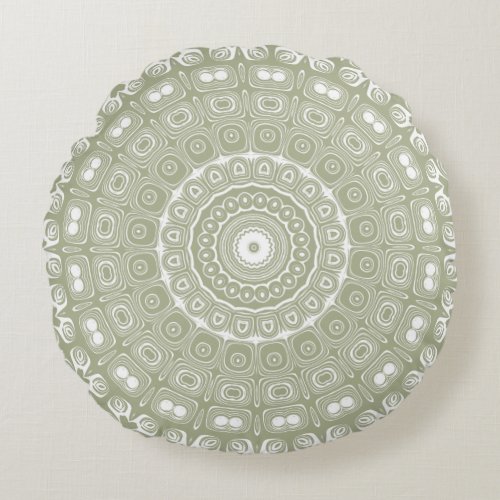 Sage on White Mandala Kaleidoscope Medallion Round Pillow