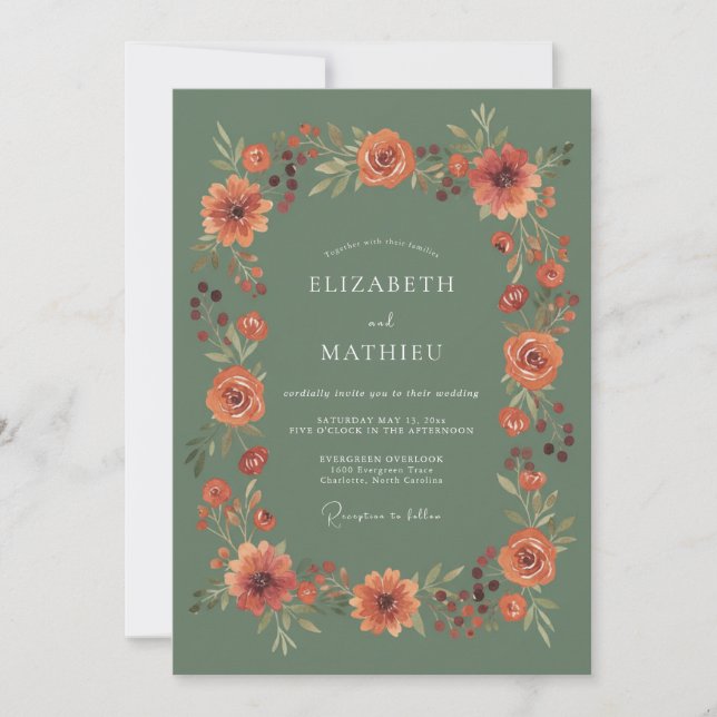 Sage Orange Blossom Flourish Wedding Invitation (Front)