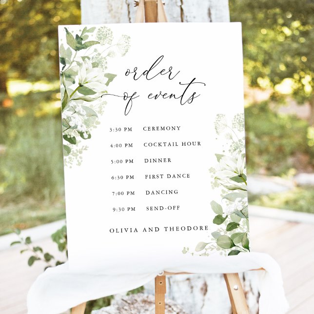 Sage Organic Greenery Order of Events Wedding Foam Board (Sage green order of events wedding sign with organic greenery botanical florals for outdoor ceremony)