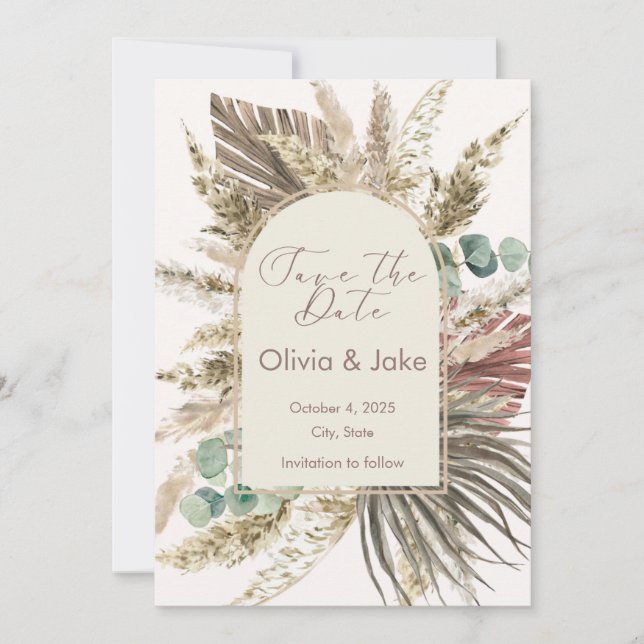 Sage Pampas Grass Save the Date | Boho Rustic (Front)