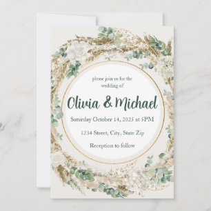 Sage Pampas Grass Wedding Invitation   Bohemian