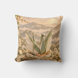 Sage Paper Crane Nest Golden Mountain Morning Throw Pillow