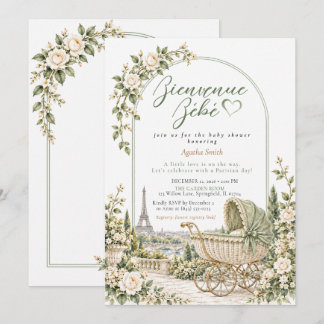 Sage Parisian Garden Baby Carriage Baby Shower Invitation