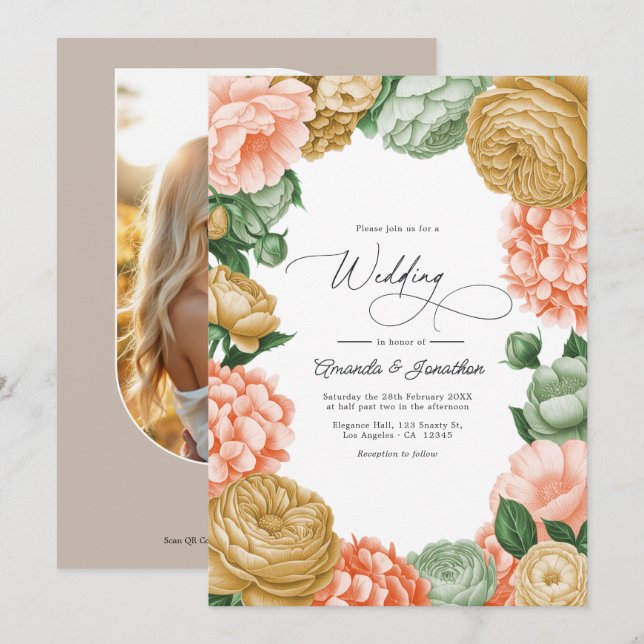 Sage, Peach & Antique Gold Floral Wedding Invitation (Front/Back)