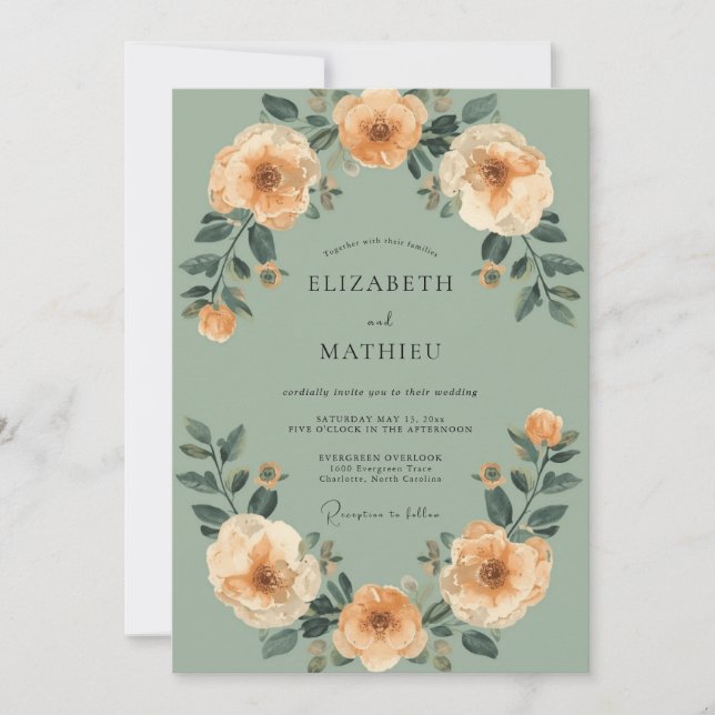 Sage Peach Floral Romance Wedding Invitation (Front)