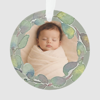 Sage Personalized Baby Photo Eucalyptus Watercolor Ornament