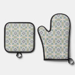 Sage Petal Grove – Botanical Tile Pattern Oven Mitt &amp; Pot Holder Set