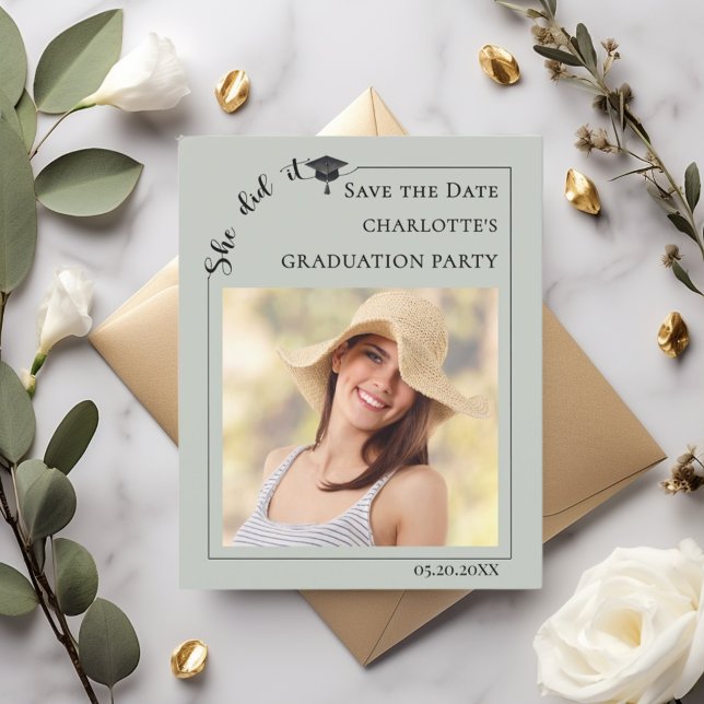 Sage Photo Graduation Party Save the Date card (Creator Uploaded)