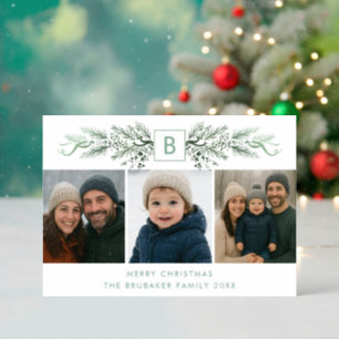 Sage Pine & Bows Monogram Personalized Christmas Letterpress Photo Cards