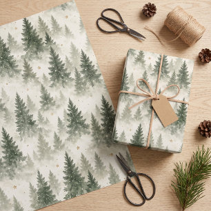 Sage Pine Trees and Gold Stars Christmas Wrapping Paper Sheets