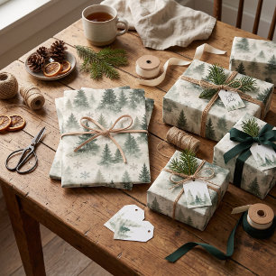 Sage Pine Trees and Snowflakes Christmas Wrapping Paper Sheets