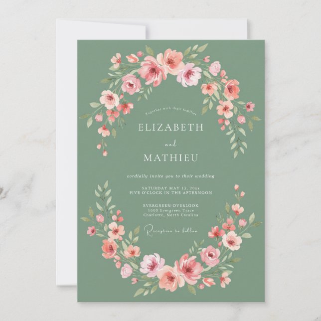 Sage Pink Bloom Arrangement Wedding Invitation (Front)