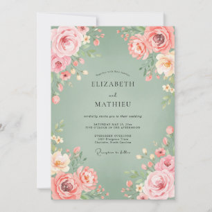 Sage Pink Bloom Flourish Wedding Invitation