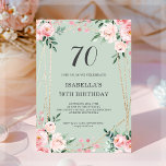 Sage | Pink Blush Floral 70th Birthday Invitation<br><div class="desc">Customizable 70th birthday invitation,  featuring pretty pink blush floral bouquets and leafy greenery on a sage green background,  with a gold geometric frame.</div>
