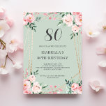 Sage | Pink Blush Floral 80th Birthday Invitation<br><div class="desc">Customizable 80th birthday invitation,  featuring pretty pink blush floral bouquets and leafy greenery on a sage green background,  with a gold geometric frame.</div>
