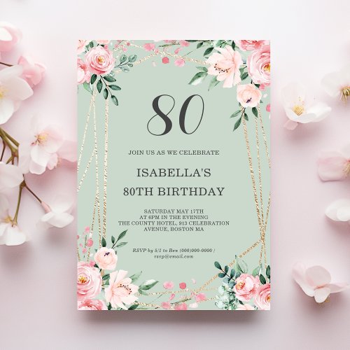 Sage  Pink Blush Floral 80th Birthday Invitation