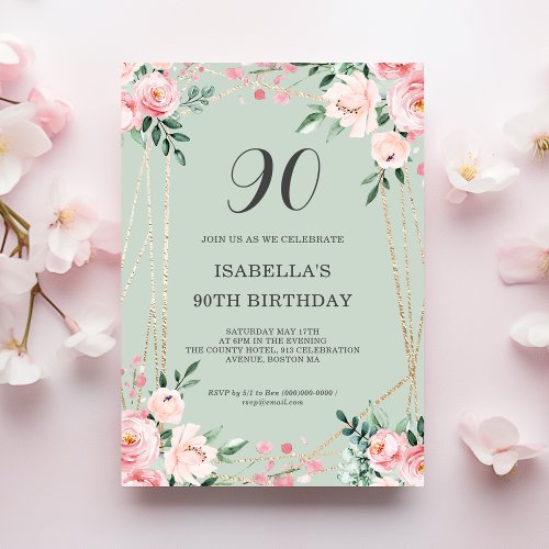 Sage  Pink Blush Floral 90th Birthday Invitation