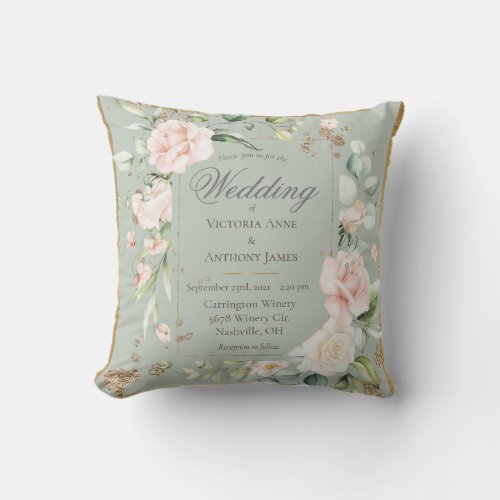 Sage Pink Blush Romantic Floral Wedding Invitation Throw Pillow