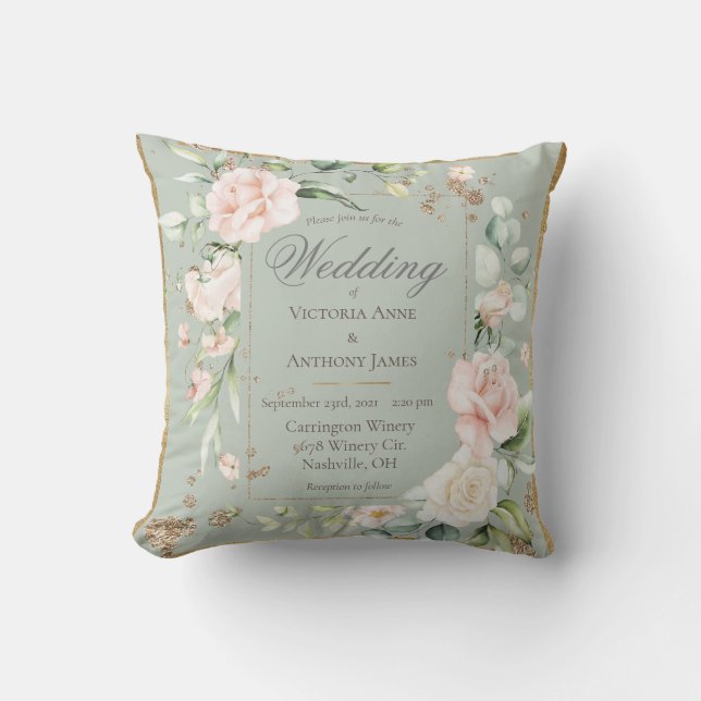 Sage Pink Blush Romantic Floral Wedding Invitation Throw Pillow (Front)