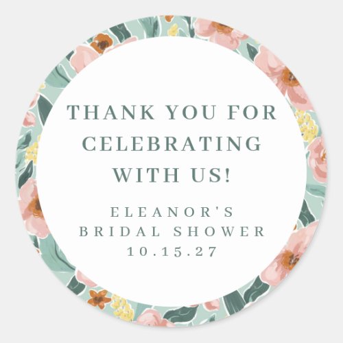 Sage Pink Floral Bridal Shower Custom Thank You Classic Round Sticker