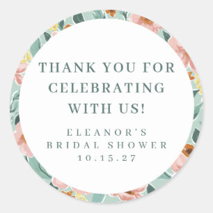 Sage Pink Floral Bridal Shower Custom Thank You Classic Round Sticker