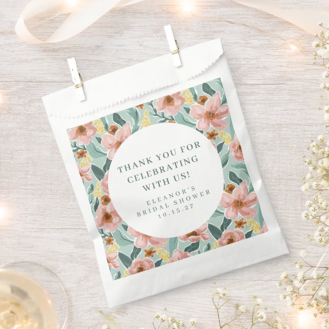 Sage Pink Floral Bridal Shower Custom Thank You Favor Bag (Clipped)