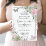 Sage Pink Floral Butterflies Silver Quinceanera Invitation<br><div class="desc">This chic Quinceañera invitation features a silver glitter geometric frame adorned by delicate watercolor sage green, pale pink floral, soft sage greenery and sage and silver butterflies. Personalize it with your details easily and quickly, simply press the customise it button to further re-arrange and format the style and placement of...</div>