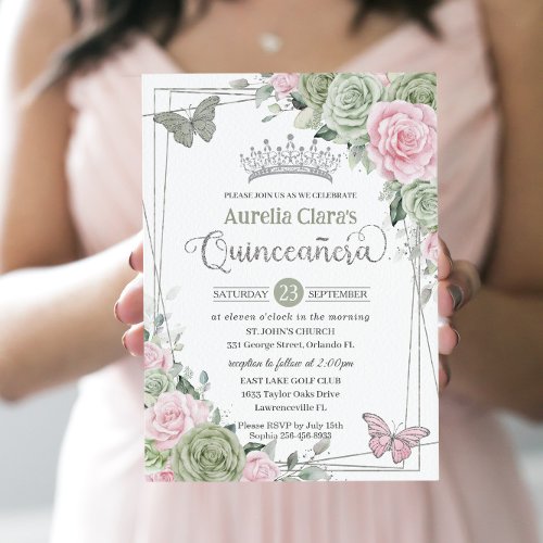 Sage Pink Floral Butterflies Silver Quinceanera Invitation