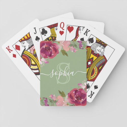 Sage Pink Floral Monogrammed Script Name Playing Cards