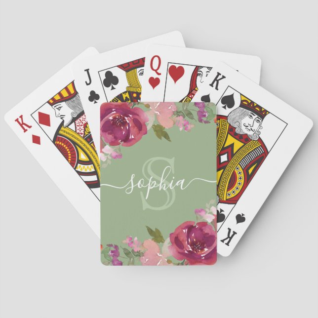 Sage Pink Floral Monogrammed Script Name Poker Cards (Back)