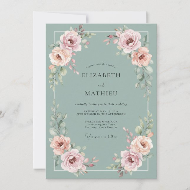 Sage Pink Floral Romance Wedding Invitation (Front)