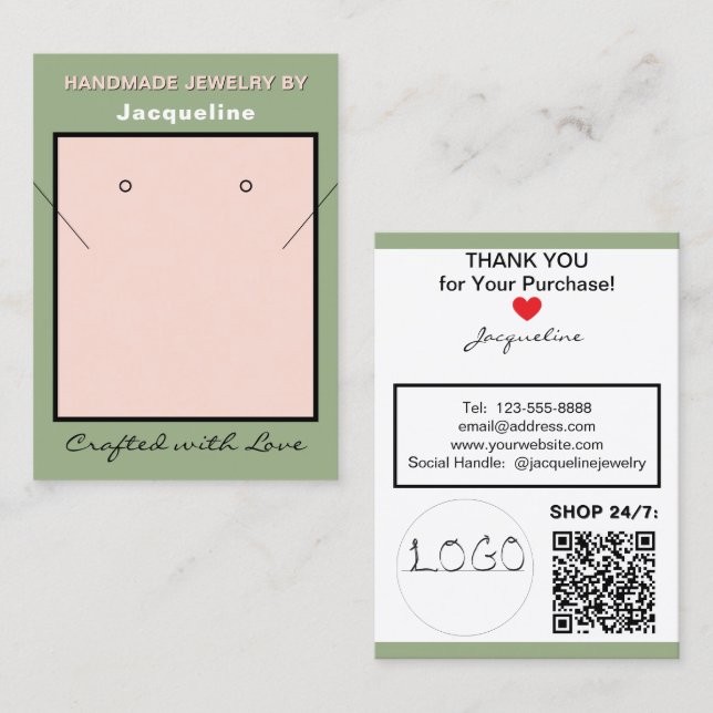 Sage Pink Necklace Earrings Logo Website QR Code Business Card (Front/Back)