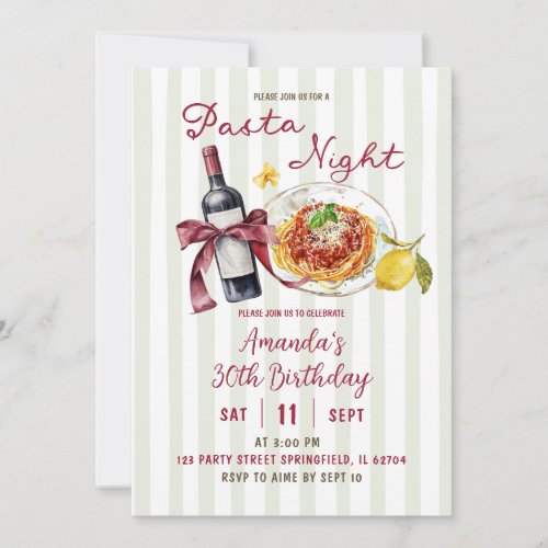 Sage Pink Stripe Pasta Night Birthday Dinner  Invitation