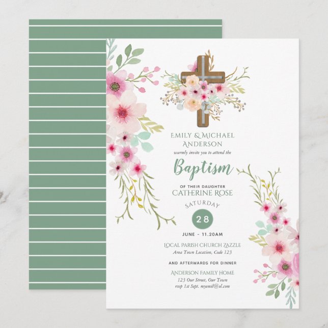 Sage Pink Watercolor Floral Baptism Invitations (Front/Back)