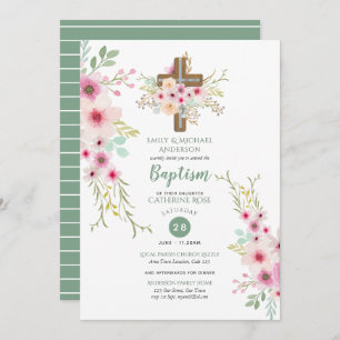Sage Pink Watercolor Floral Baptism Invitations
