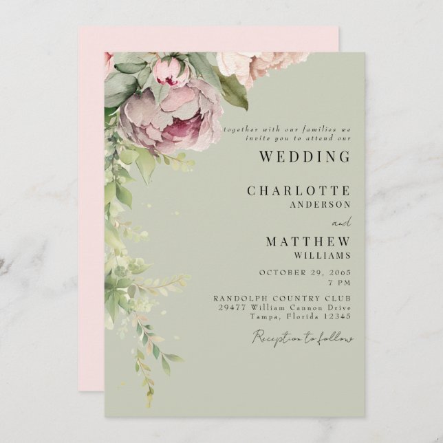 Sage & Pink Watercolor Peonies Elegant Wedding Invitation (Front/Back)