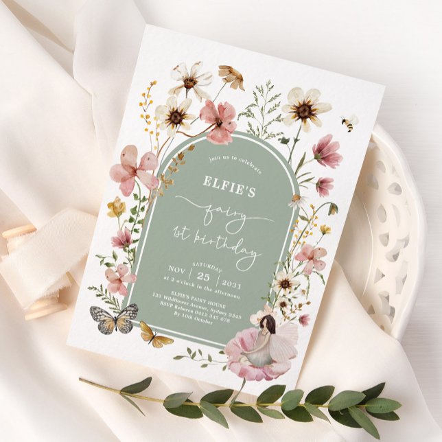 Sage Pink Wildflower Fairy 1st Birthday Party Invitation (Creator Uploaded)
