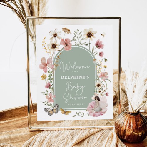 Sage Pink Wildflower Fairy Baby Shower Welcome Poster