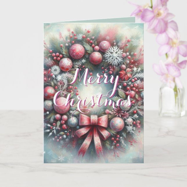 Sage & Pink Wreath – Elegant Personalized Holiday  Card (Orchid)