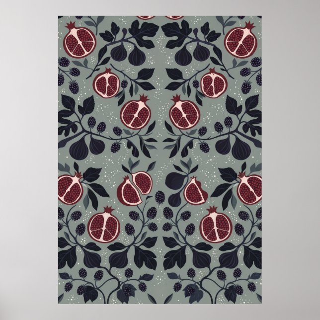 Sage Pomegranate Fig Folk Botanical Pattern Poster (Front)