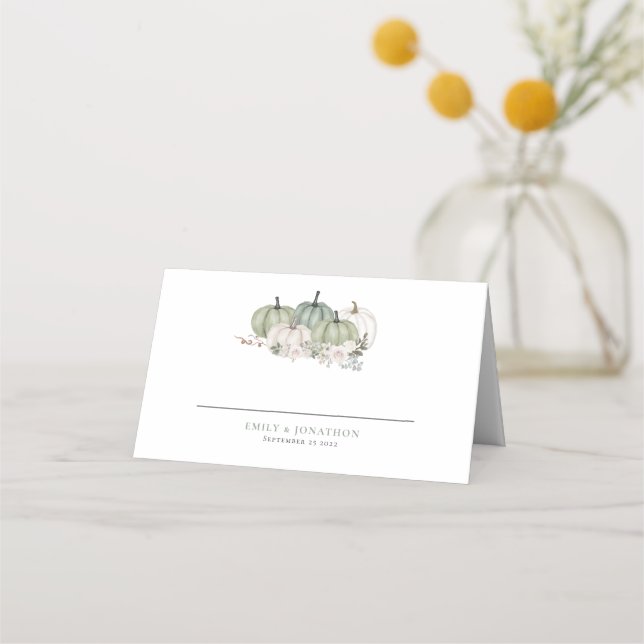 Sage Pumpkins Autumn Florals Names Date Wedding Place Card (Front)