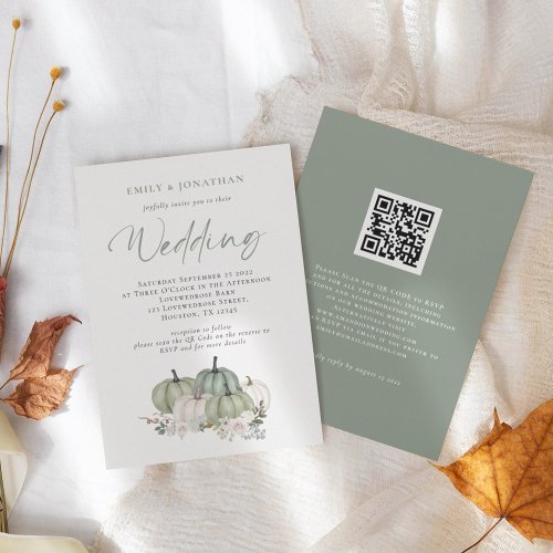 Sage Pumpkins Floral QR Code Wedding Invitation